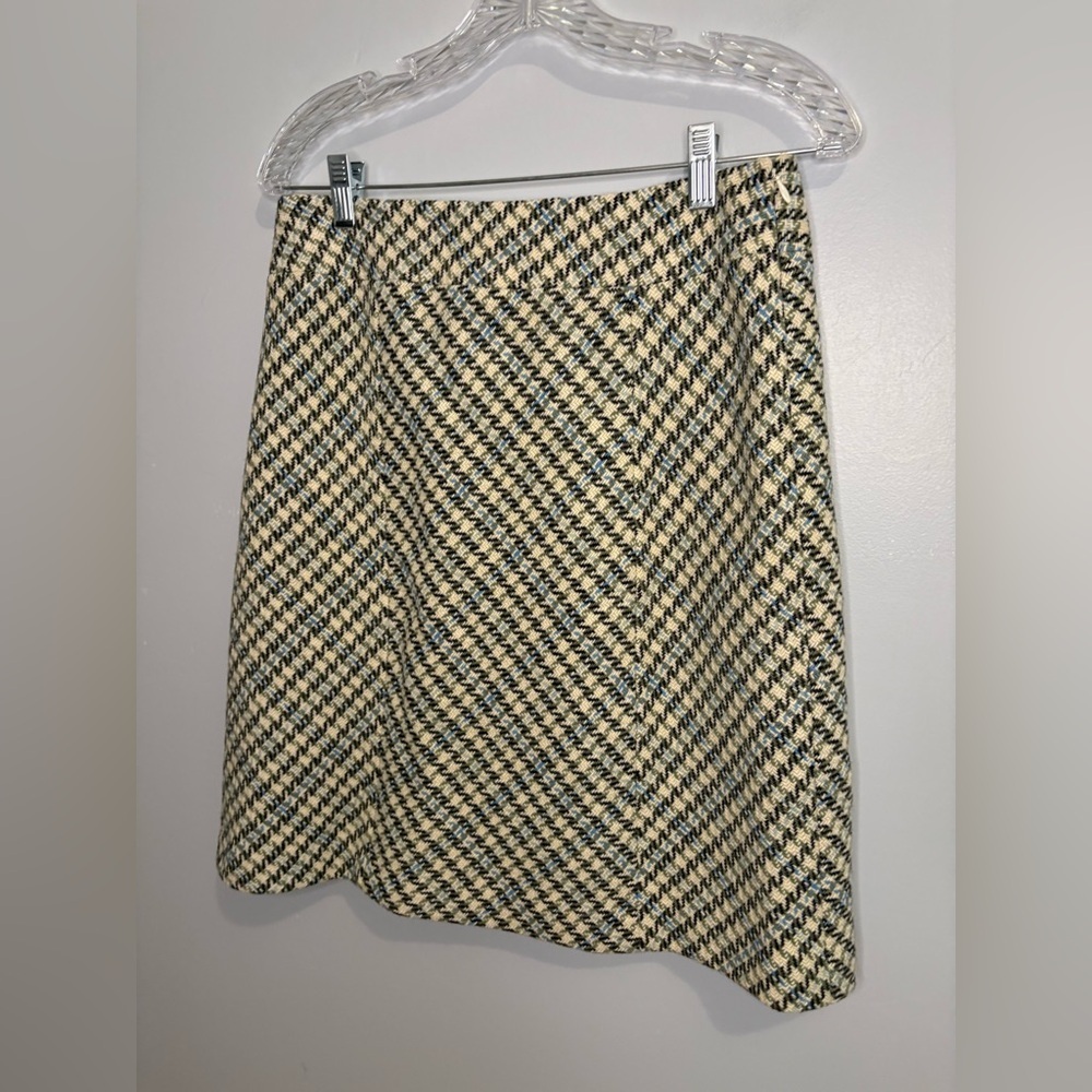 Ann Taylor Women’s Size 4 Skirt Wool-Blend Lined Cream Green Blue Houndstooth - Picture 7 of 16